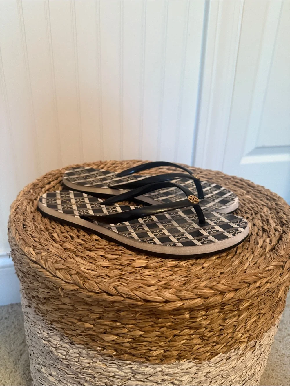 Tory Burch Black & White Logo Pattern Flip Flops